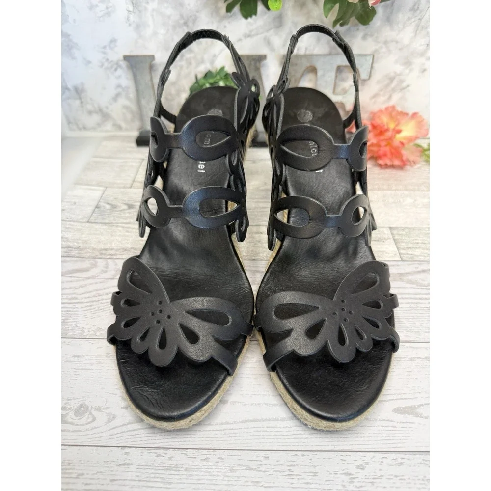 Eric Michael Jillian‎ Black Floral Leather Upper Rope Wedge Heels 9/9.5 EU40 EUC